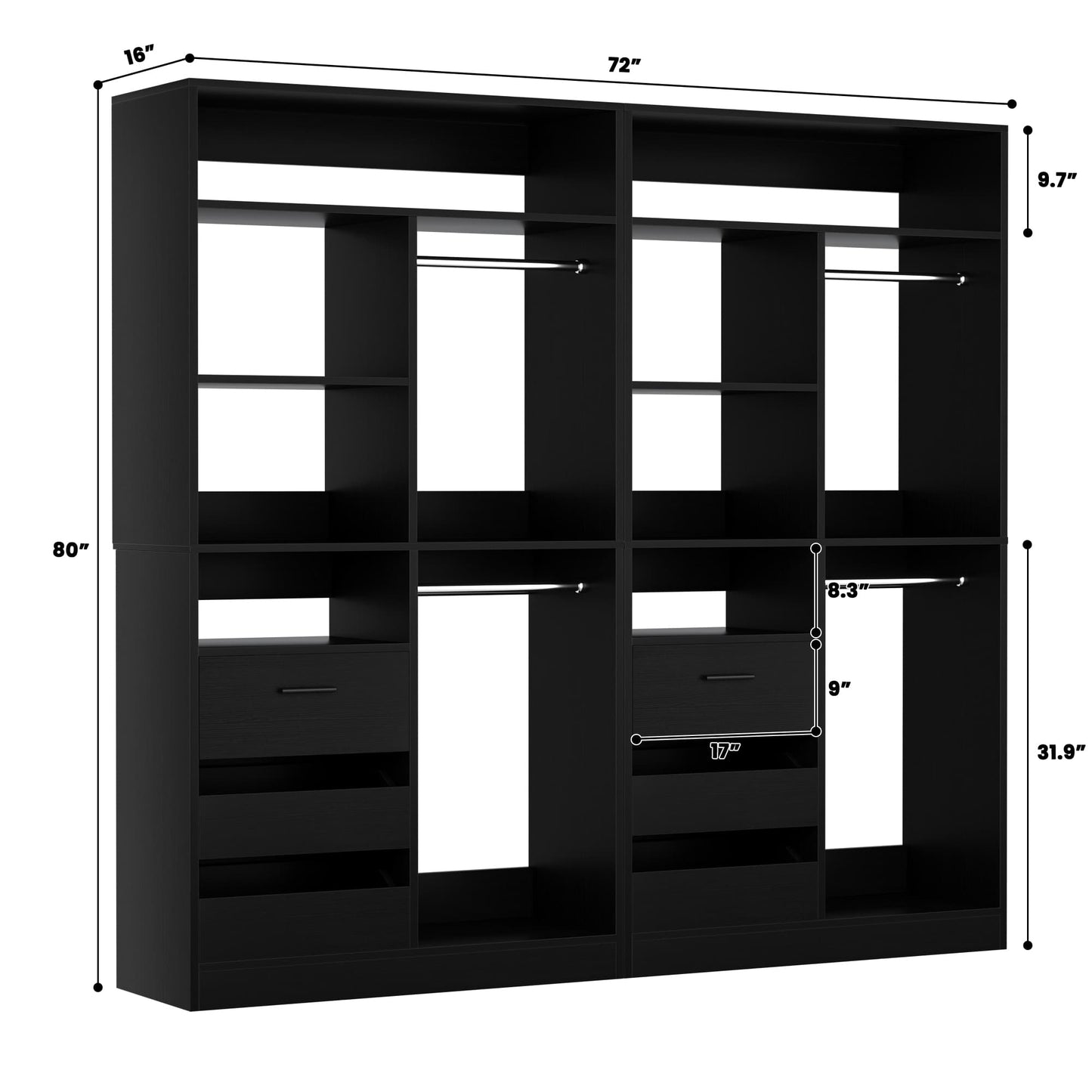 72'' Closet System 2-Piece Set with 6 Drawers, Walk-in Closet Organizer with Hanging Rods & Shelves