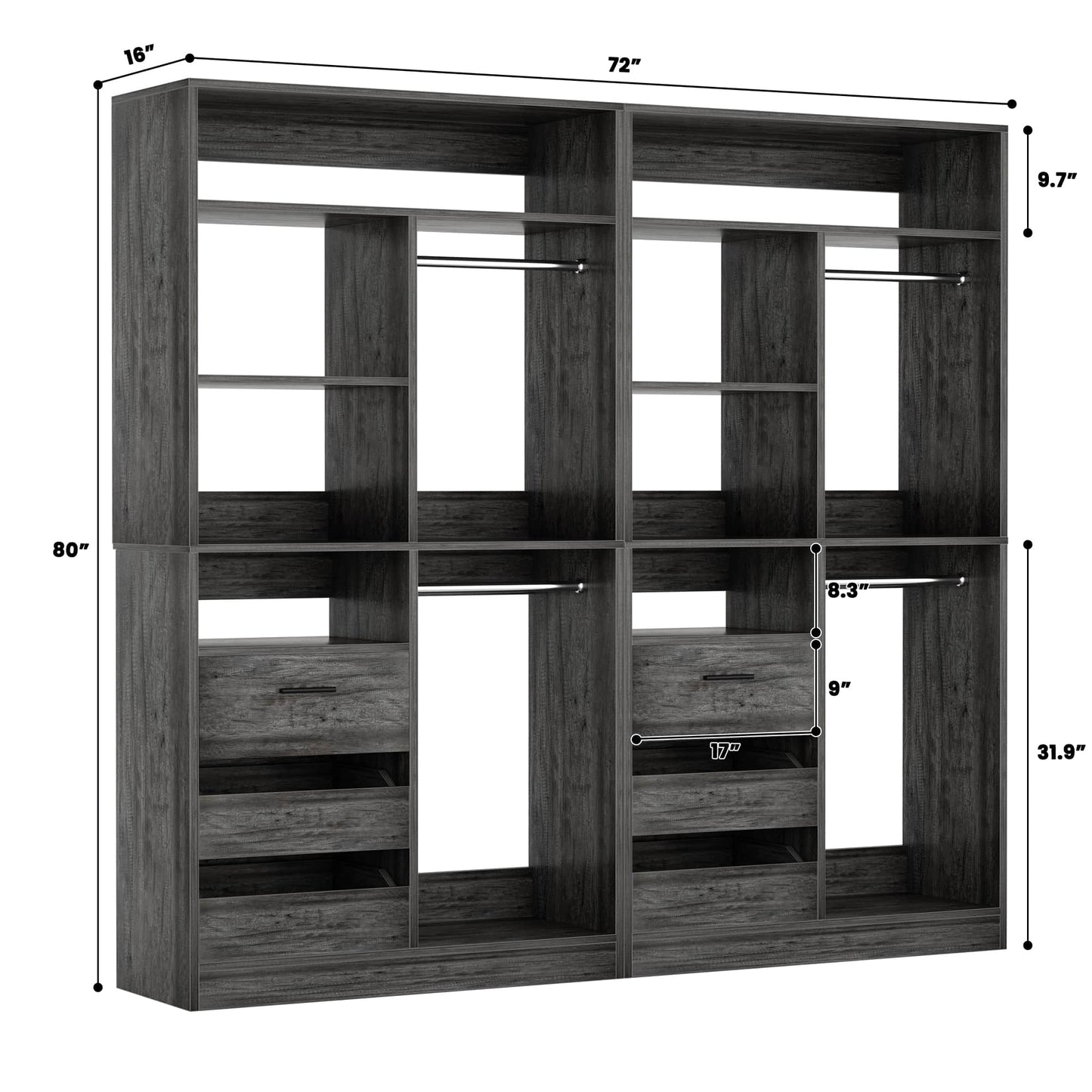 72'' Closet System 2-Piece Set with 6 Drawers, Walk-in Closet Organizer with Hanging Rods & Shelves