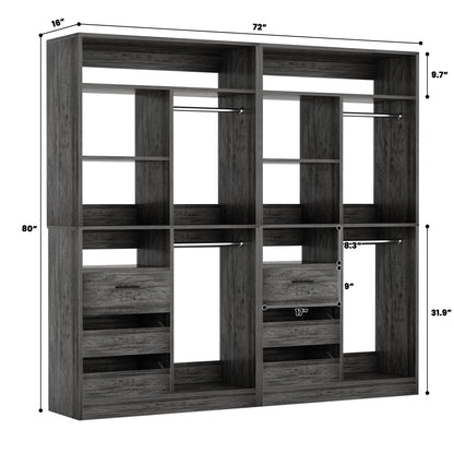 72'' Closet System 2-Piece Set with 6 Drawers, Walk-in Closet Organizer with Hanging Rods & Shelves