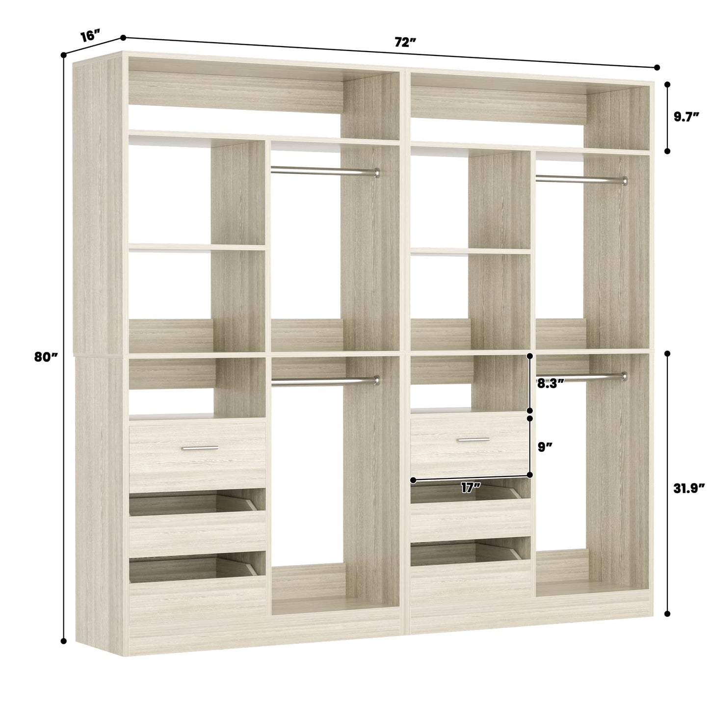72'' Closet System 2-Piece Set with 6 Drawers, Walk-in Closet Organizer with Hanging Rods & Shelves