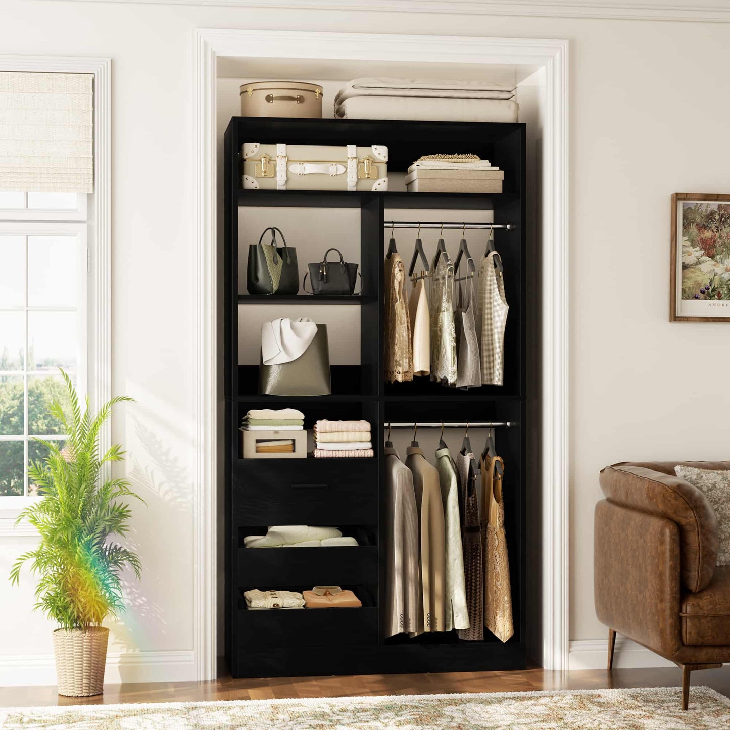 36'' Freestanding Closet System with 3 Drawers, 2 Hanging Rods and Shelves