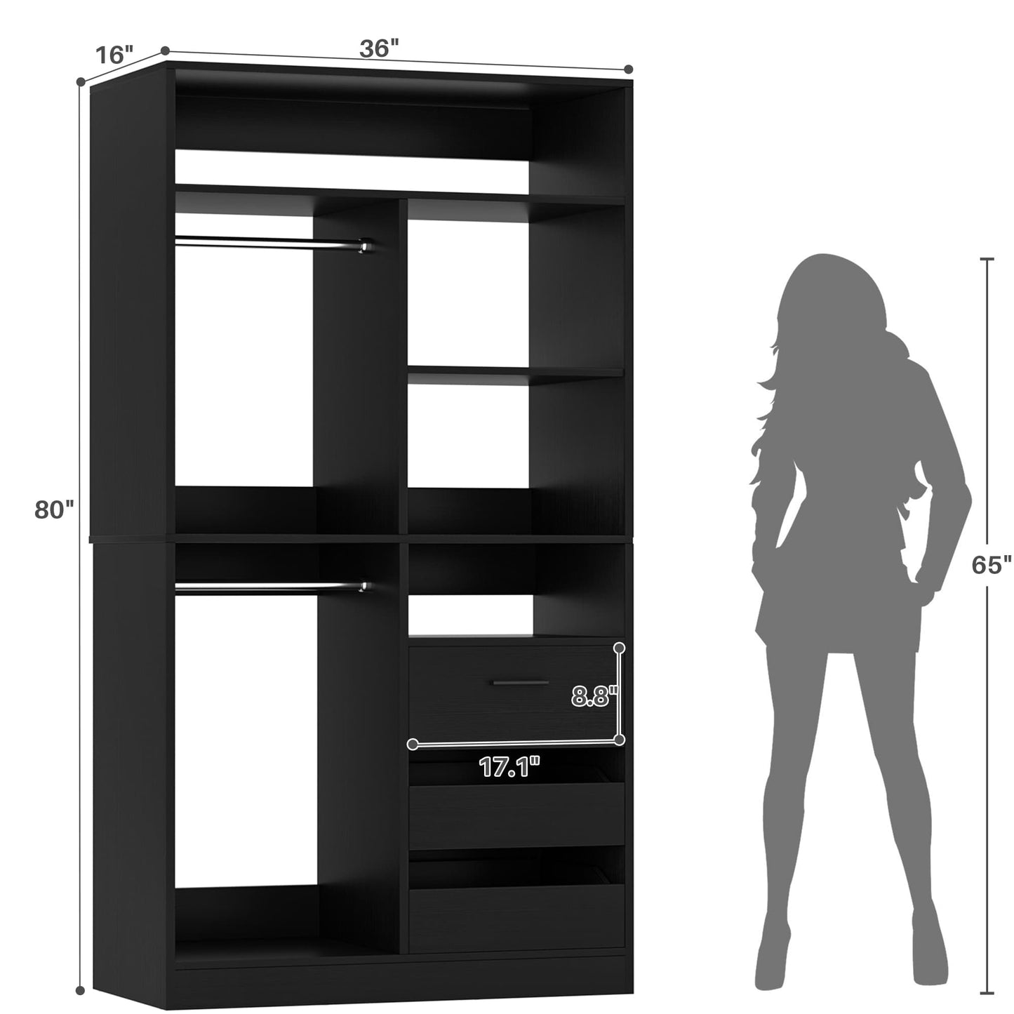 36'' Freestanding Closet System with 3 Drawers, 2 Hanging Rods and Shelves