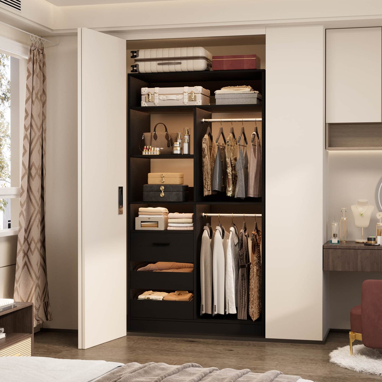 36'' Freestanding Closet System with 3 Drawers, 2 Hanging Rods and Shelves