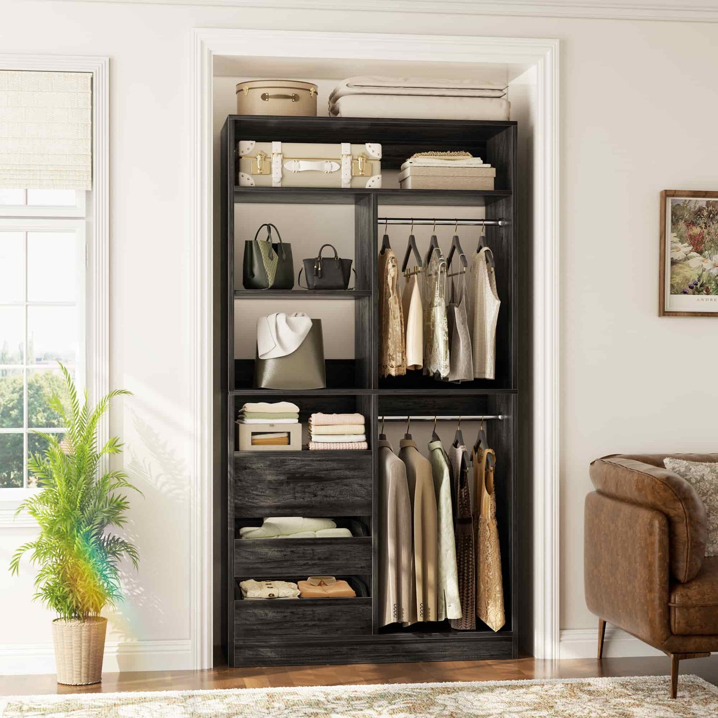 36'' Freestanding Closet System with 3 Drawers, 2 Hanging Rods and Shelves