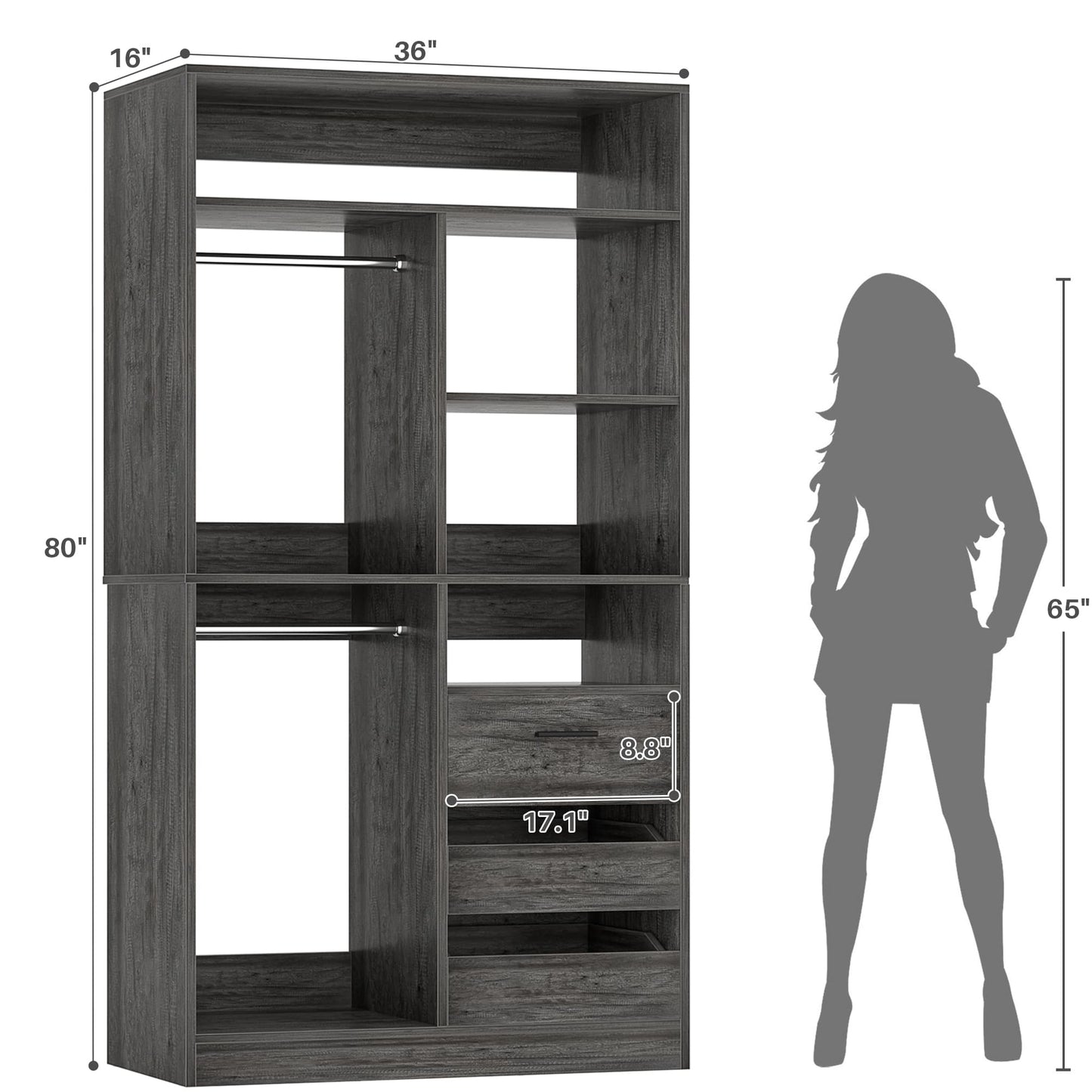 36'' Freestanding Closet System with 3 Drawers, 2 Hanging Rods and Shelves
