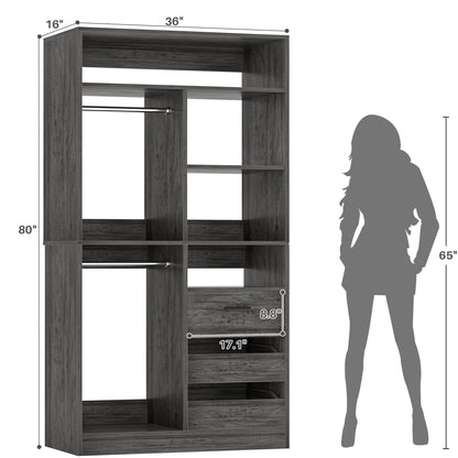 36'' Freestanding Closet System with 3 Drawers, 2 Hanging Rods and Shelves