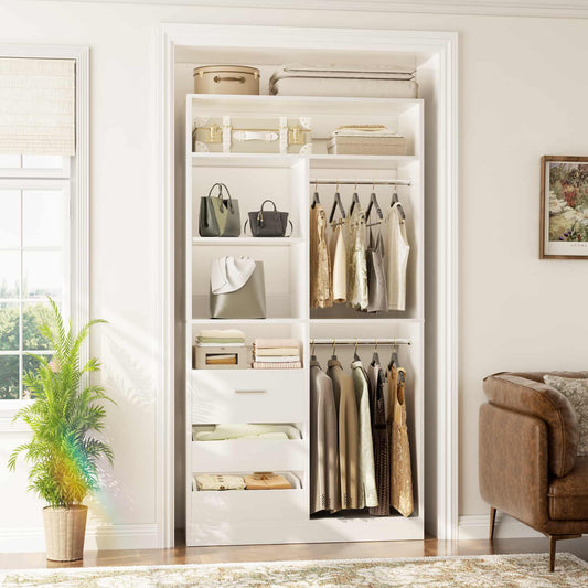 36'' Freestanding Closet System with 3 Drawers, 2 Hanging Rods and Shelves