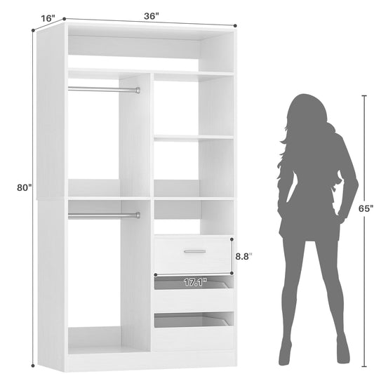 36'' Freestanding Closet System with 3 Drawers, 2 Hanging Rods and Shelves