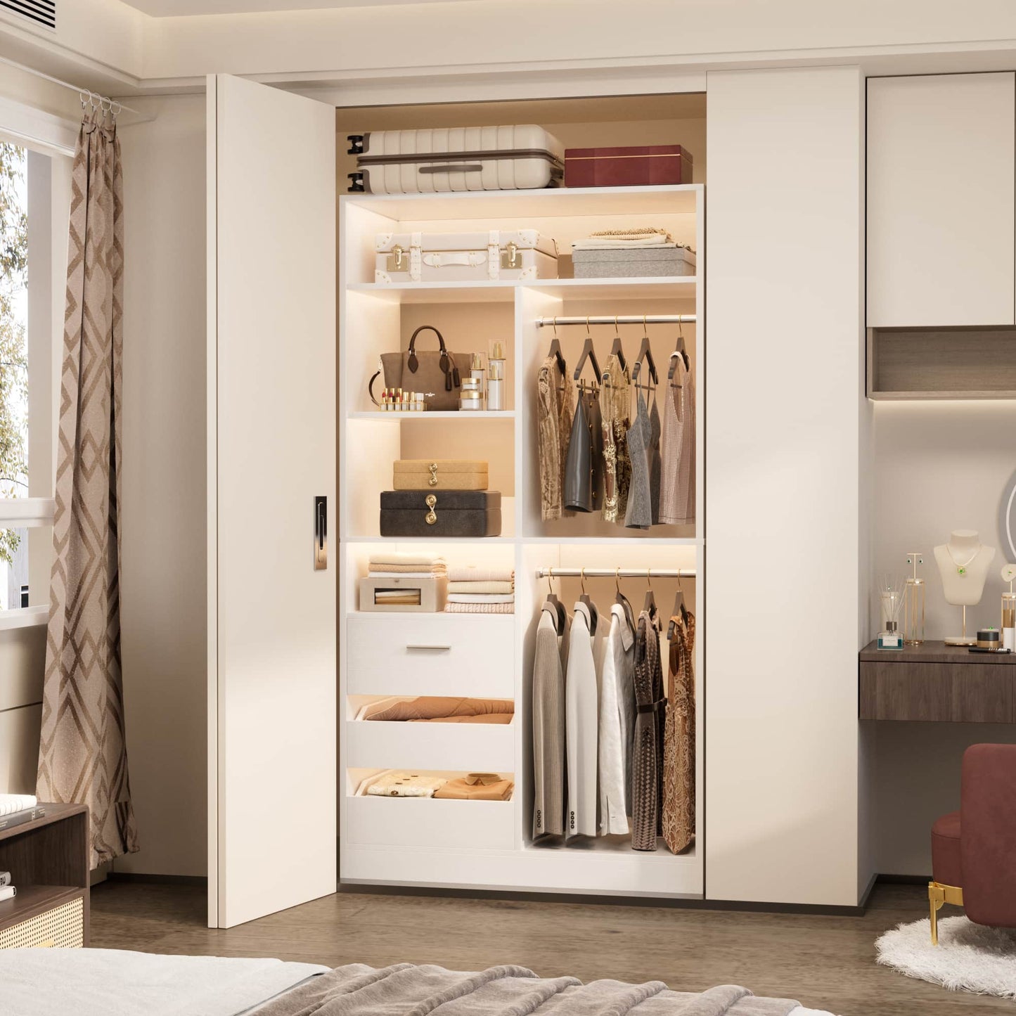 36'' Freestanding Closet System with 3 Drawers, 2 Hanging Rods and Shelves