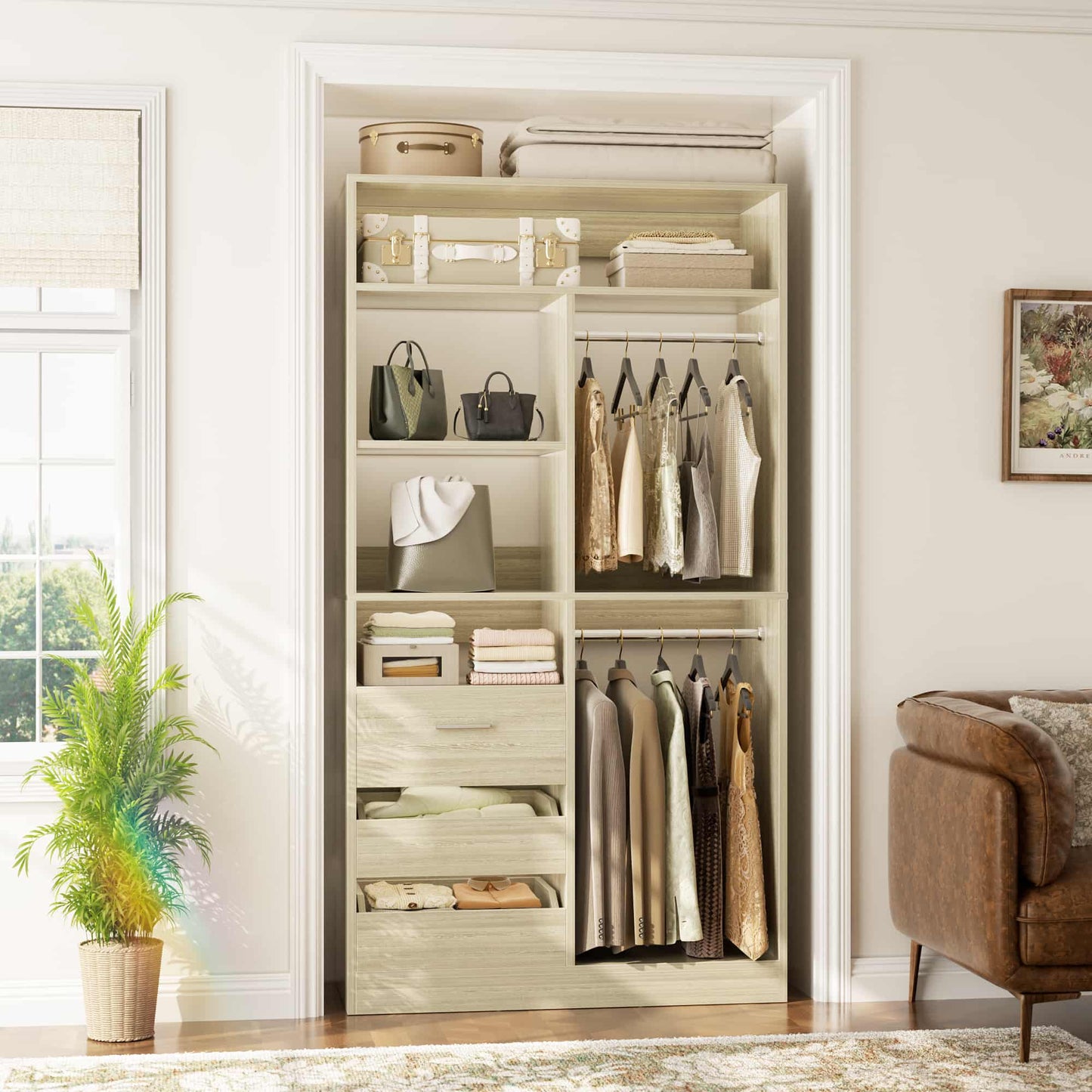 36'' Freestanding Closet System with 3 Drawers, 2 Hanging Rods and Shelves