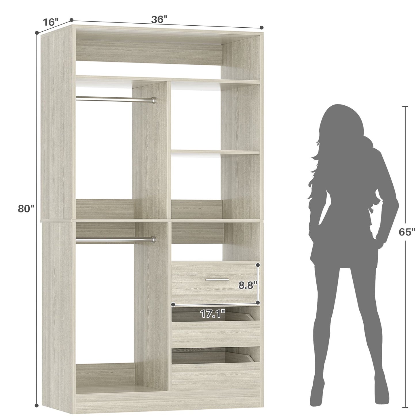36'' Freestanding Closet System with 3 Drawers, 2 Hanging Rods and Shelves