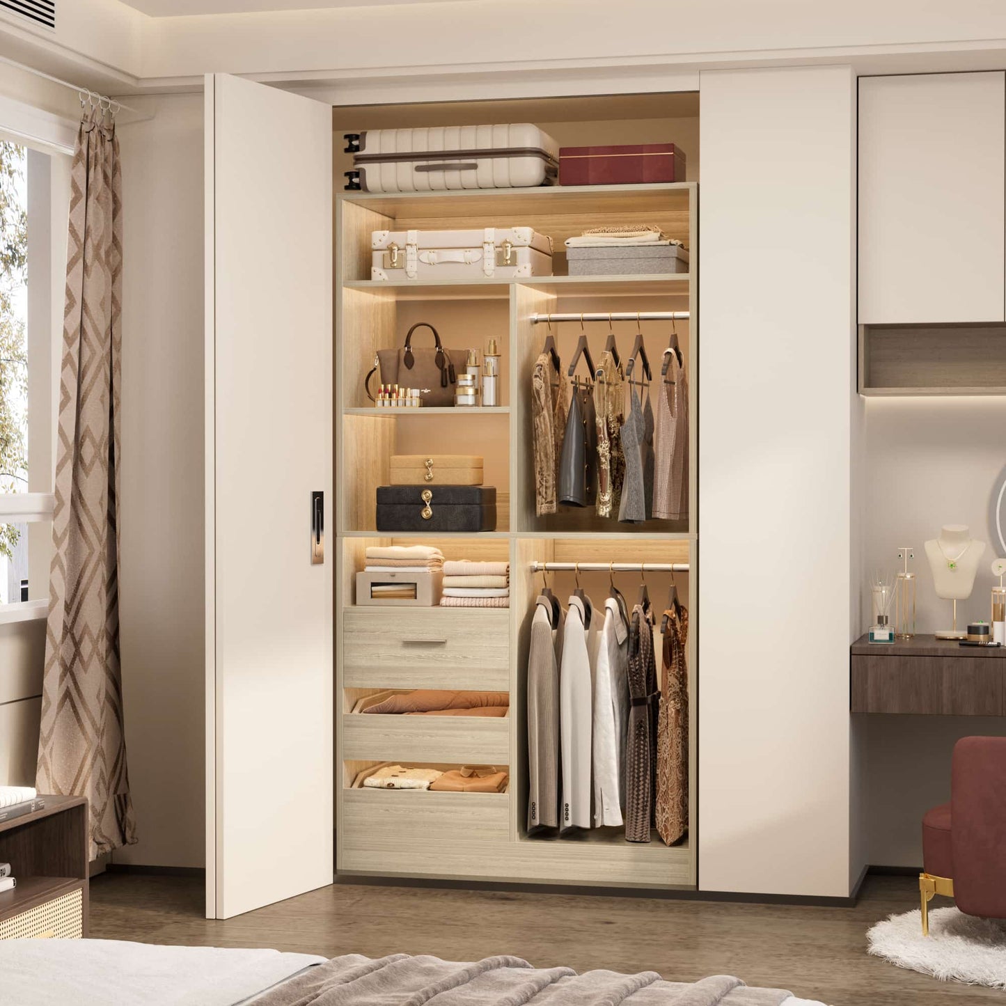 36'' Freestanding Closet System with 3 Drawers, 2 Hanging Rods and Shelves