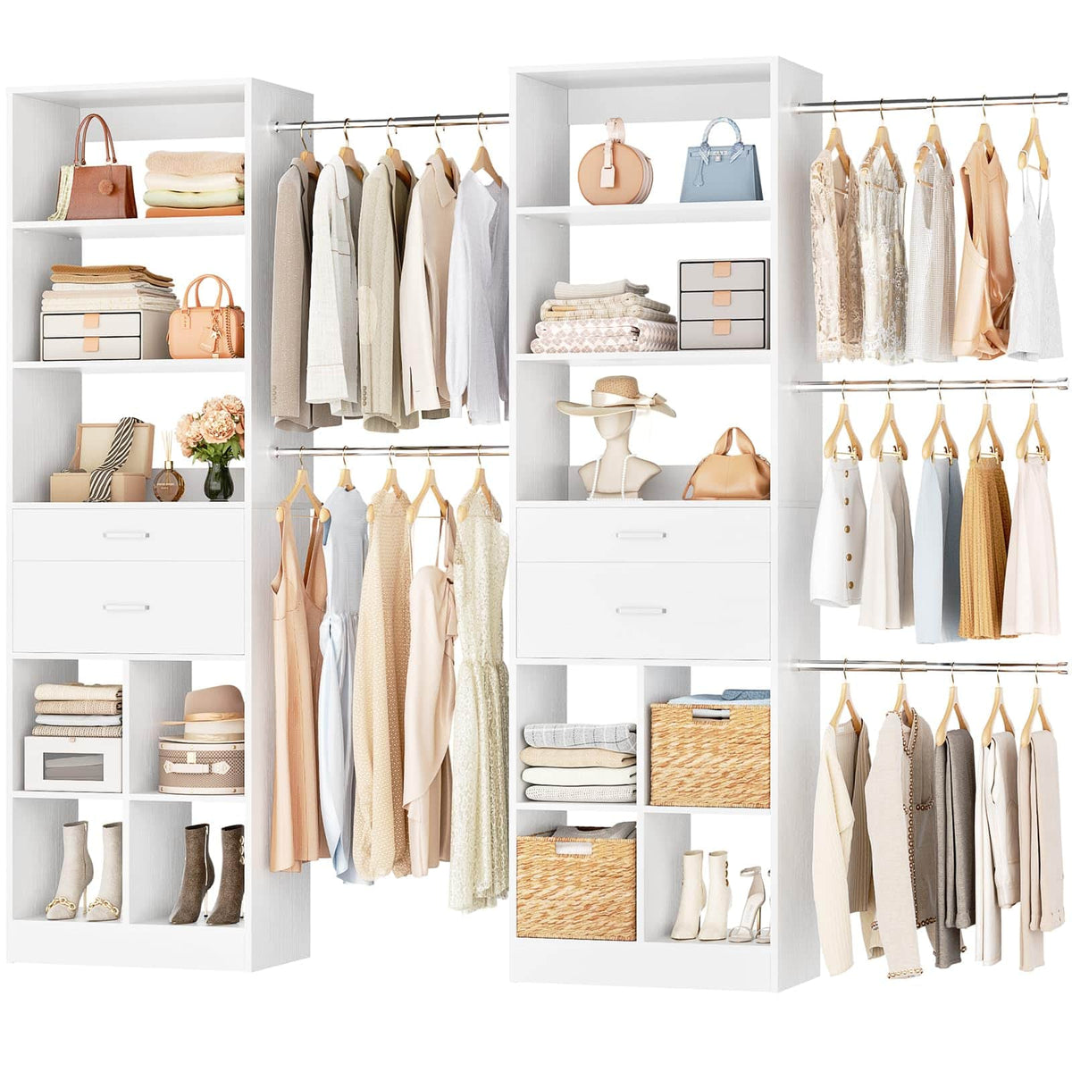 2-Piece Closet System Bundle, Adjustable Shelves & 5 Hanging Rods