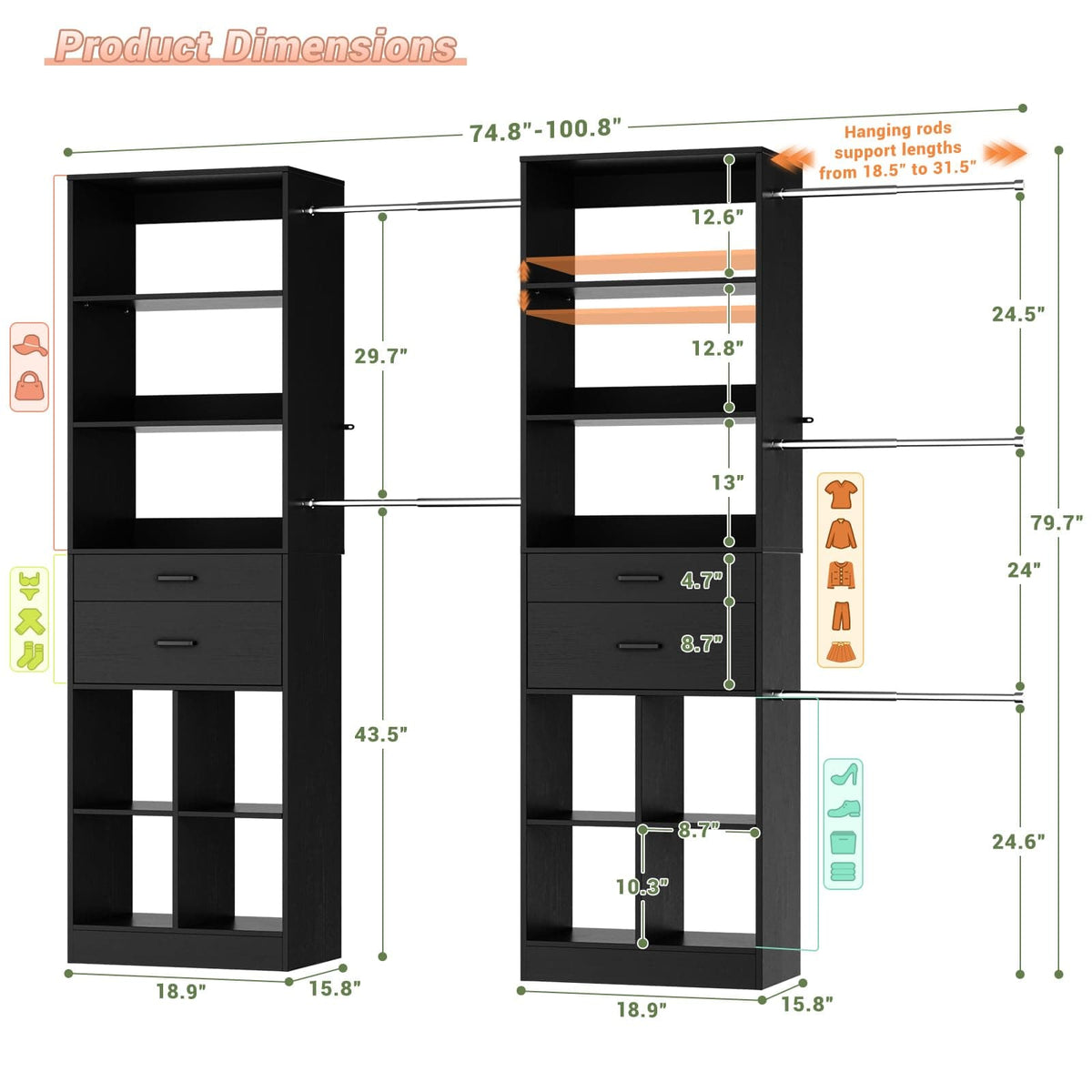 2-Piece Closet System Bundle, Adjustable Shelves & 5 Hanging Rods