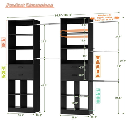 2-Piece Closet System Bundle, Adjustable Shelves & 5 Hanging Rods