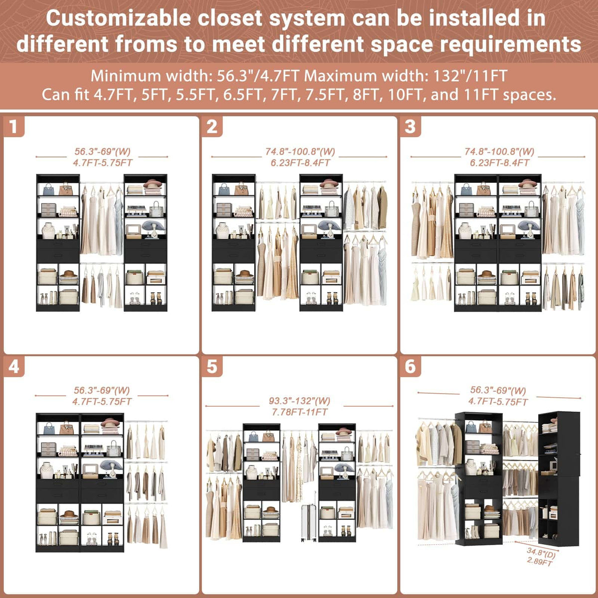 2-Piece Closet System Bundle, Adjustable Shelves & 5 Hanging Rods