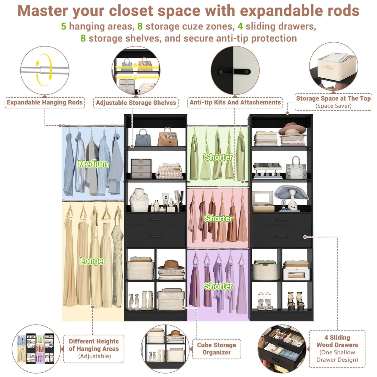 2-Piece Closet System Bundle, Adjustable Shelves & 5 Hanging Rods