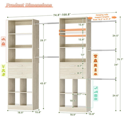 2-Piece Closet System Bundle, Adjustable Shelves & 5 Hanging Rods