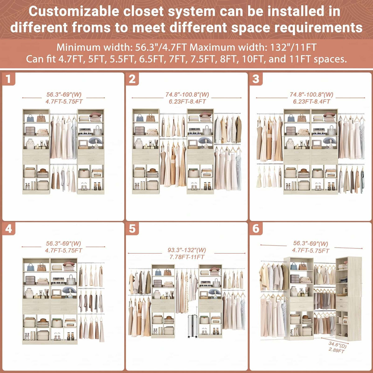2-Piece Closet System Bundle, Adjustable Shelves & 5 Hanging Rods