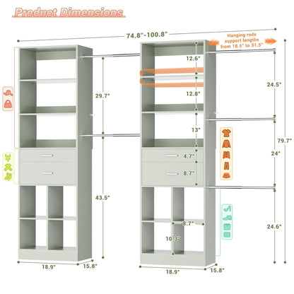 2-Piece Closet System Bundle, Adjustable Shelves & 5 Hanging Rods
