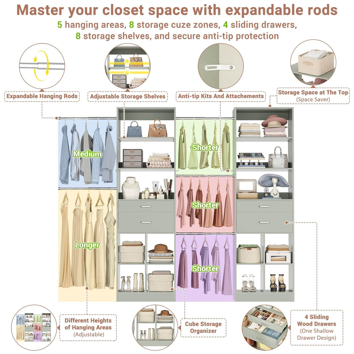 2-Piece Closet System Bundle, Adjustable Shelves & 5 Hanging Rods