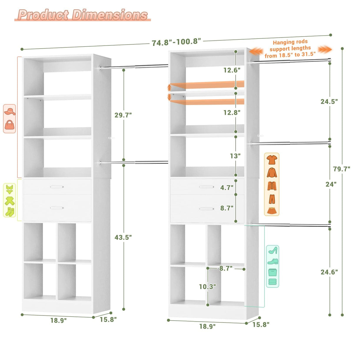 2-Piece Closet System Bundle, Adjustable Shelves & 5 Hanging Rods