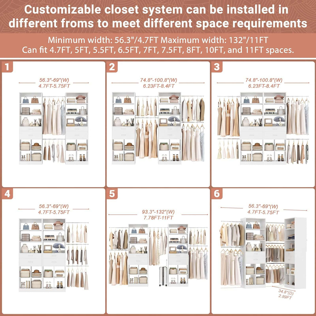 2-Piece Closet System Bundle, Adjustable Shelves & 5 Hanging Rods