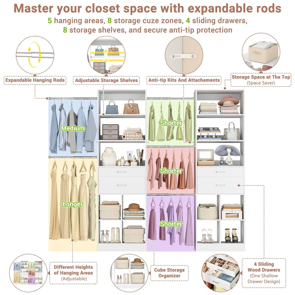 2-Piece Closet System Bundle, Adjustable Shelves & 5 Hanging Rods