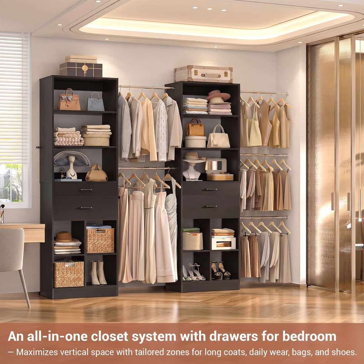 2-Piece Closet System Bundle, Adjustable Shelves & 5 Hanging Rods
