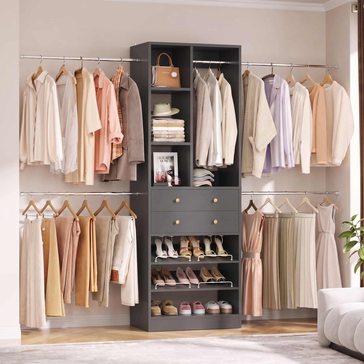 2.4–8.8 FT Adjustable Closet System, with 2 Drawers, 5 Hanging Rods & Adjustable Shelves