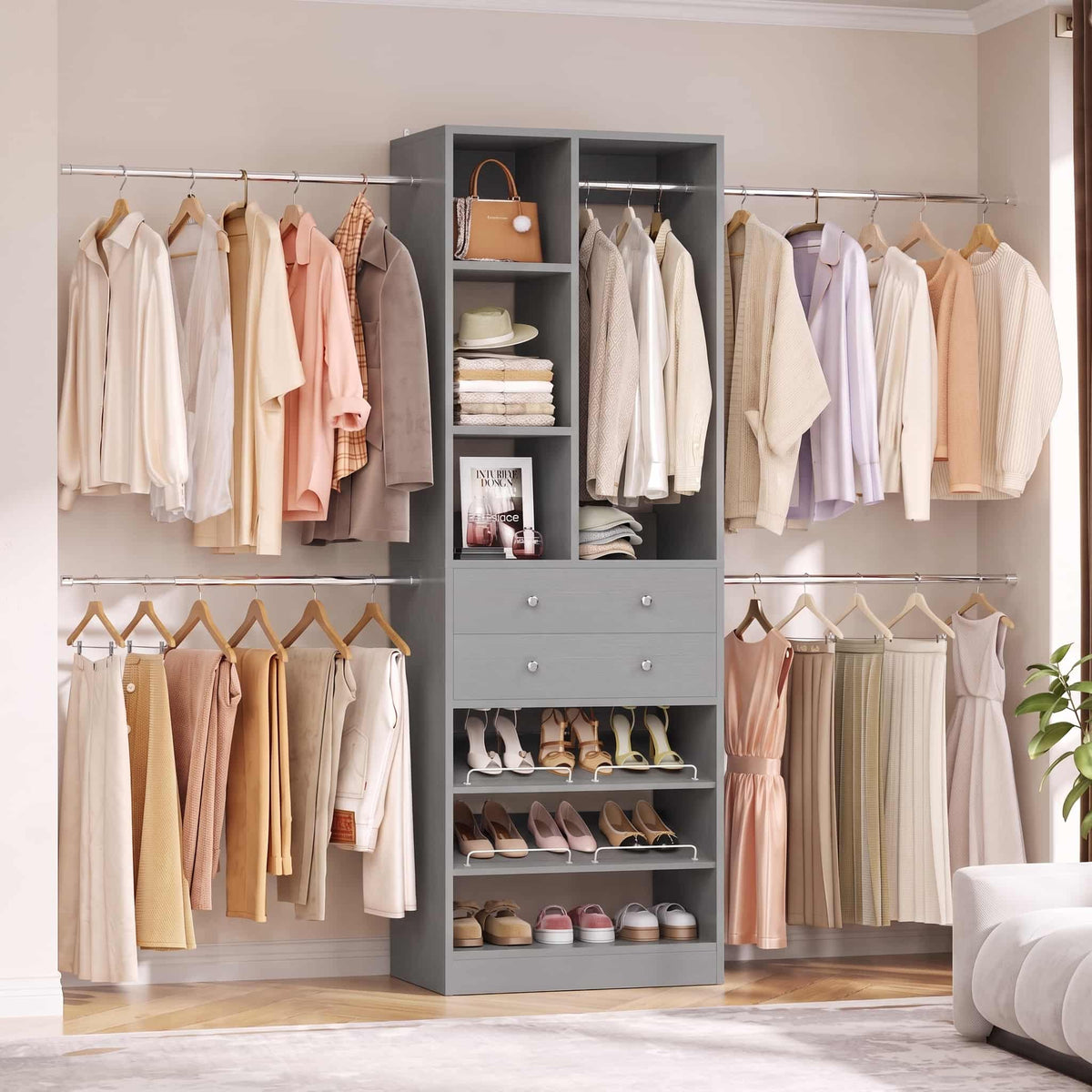2.4–8.8 FT Adjustable Closet System, with 2 Drawers, 5 Hanging Rods & Adjustable Shelves