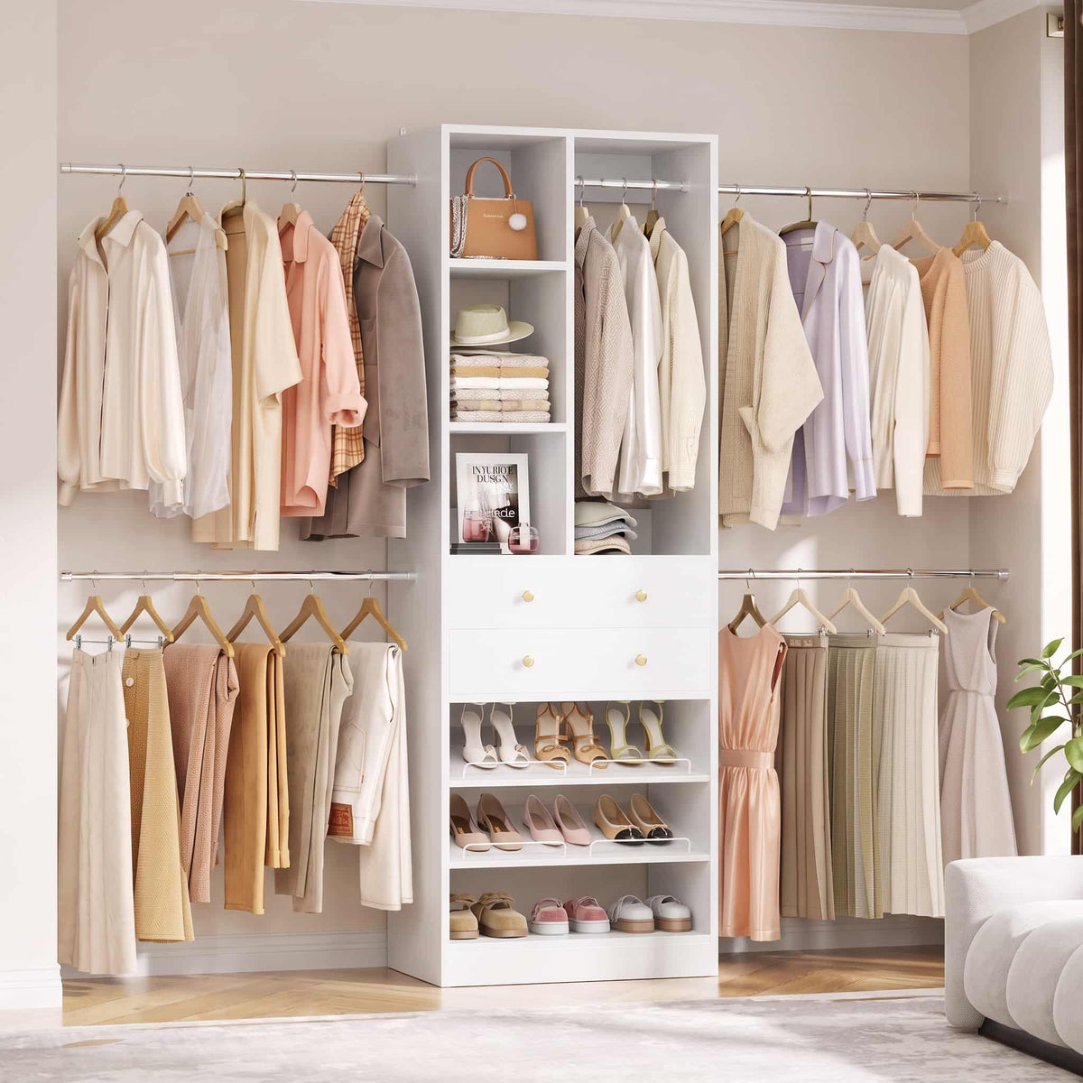 2.4–8.8 FT Adjustable Closet System, with 2 Drawers, 5 Hanging Rods & Adjustable Shelves