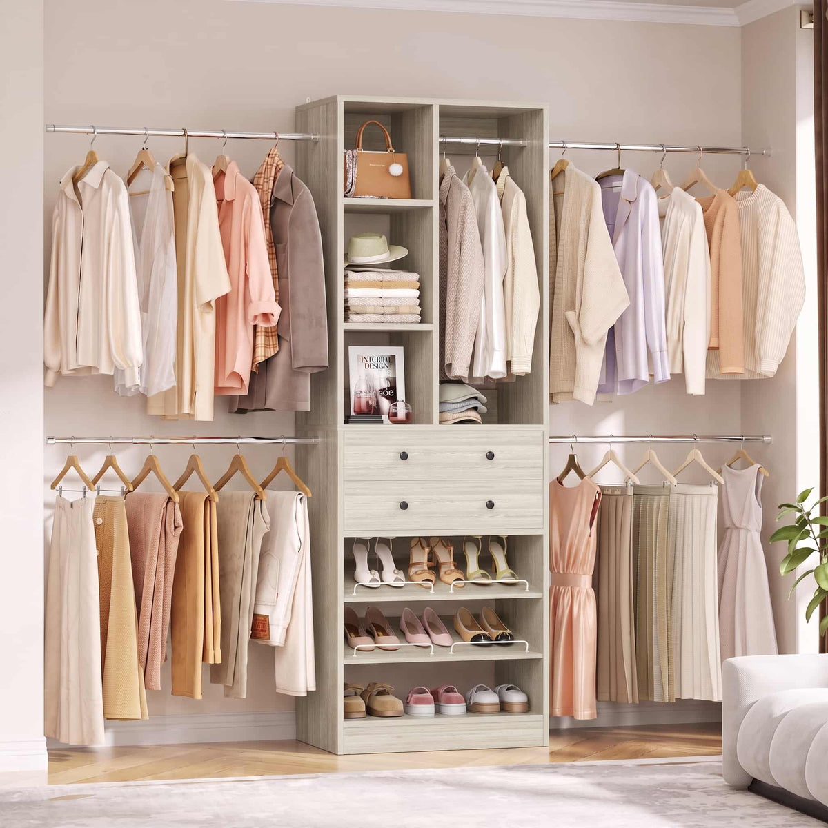 2.4–8.8 FT Adjustable Closet System, with 2 Drawers, 5 Hanging Rods & Adjustable Shelves