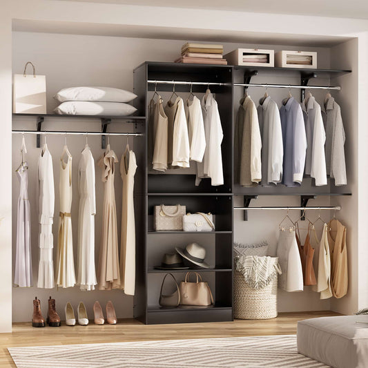 96'' Closet System with 3 Shelving Towers, 8FT Closet Organizer with Storage Shelves and Hanging Rods