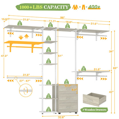96'' Walk-in Closet Organizer with Drawers and Shelves