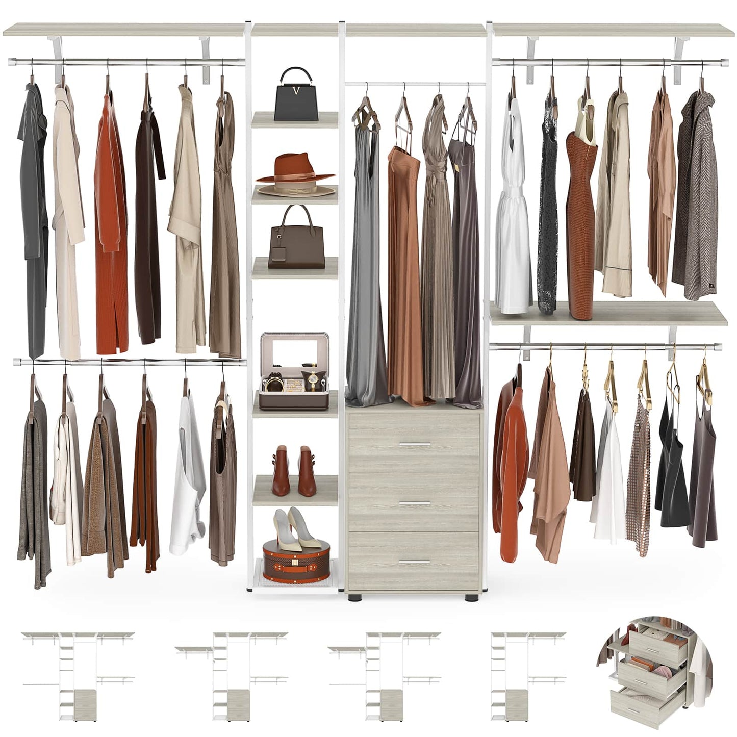 96'' Walk-in Closet Organizer with Drawers and Shelves