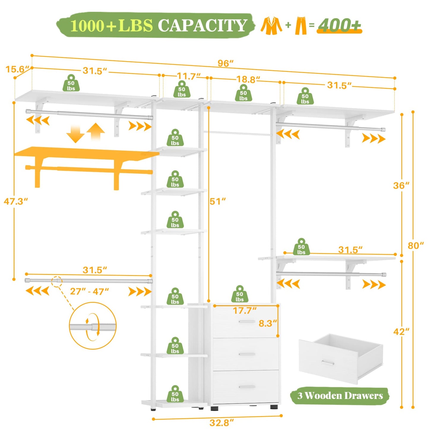 96'' Walk-in Closet Organizer with Drawers and Shelves