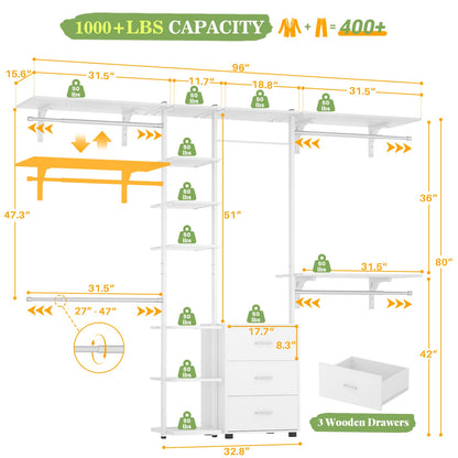 96'' Walk-in Closet Organizer with Drawers and Shelves