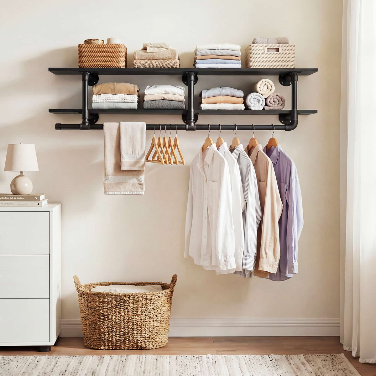 47.2'' Wall Mounted Industrial Pipe Clothes Rack with Top Shelf