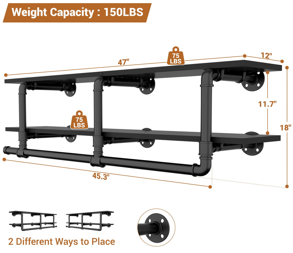 47.2'' Wall Mounted Industrial Pipe Clothes Rack with Top Shelf