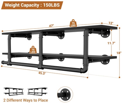 47.2'' Wall Mounted Industrial Pipe Clothes Rack with Top Shelf