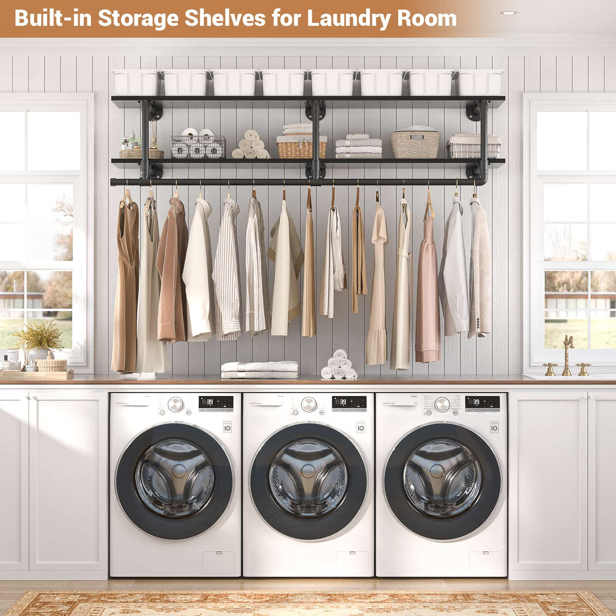 47.2'' Wall Mounted Industrial Pipe Clothes Rack with Top Shelf