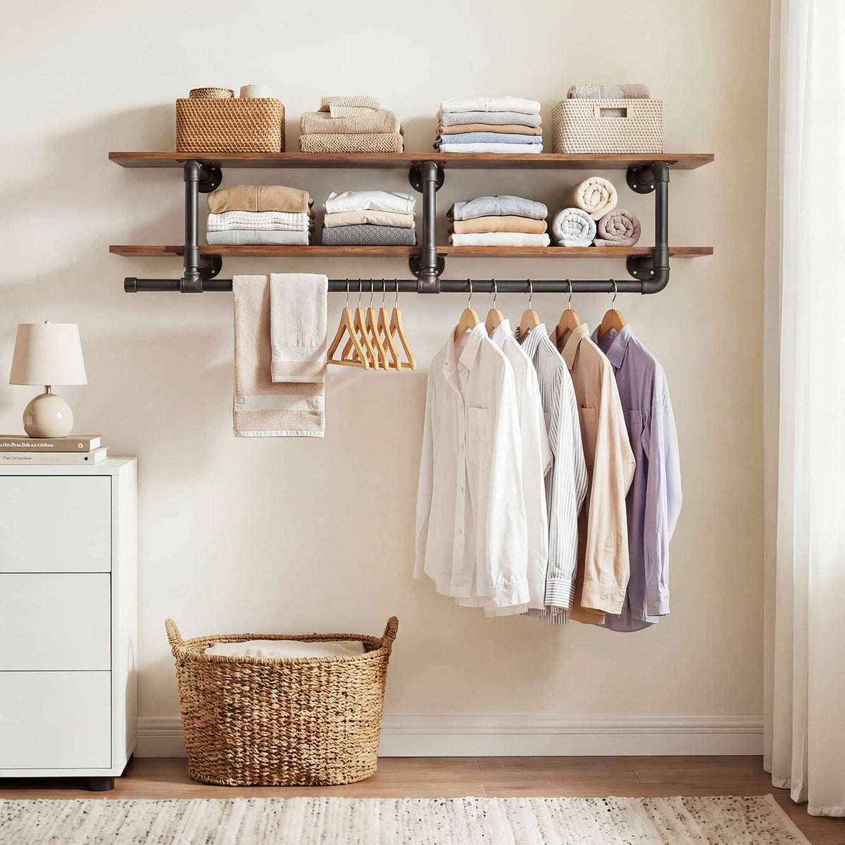 47.2'' Wall Mounted Industrial Pipe Clothes Rack with Top Shelf