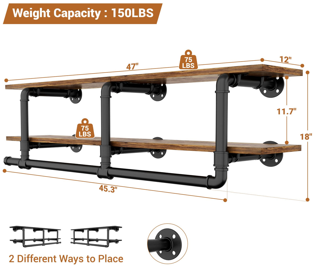 47.2'' Wall Mounted Industrial Pipe Clothes Rack with Top Shelf