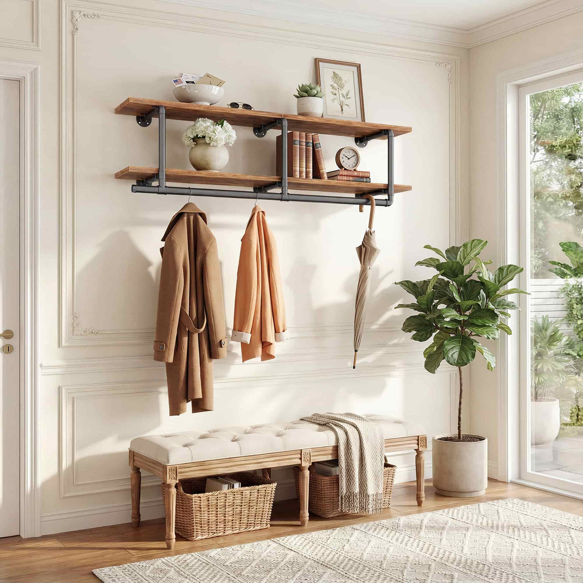 47.2'' Wall Mounted Industrial Pipe Clothes Rack with Top Shelf