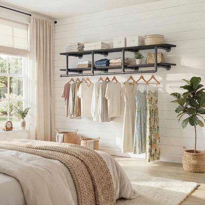 59'' Wall Mounted Industrial Pipe Clothes Rack with Top Shelf, 2 Tiers Space Saving Clothing Rack with Hanging Rod