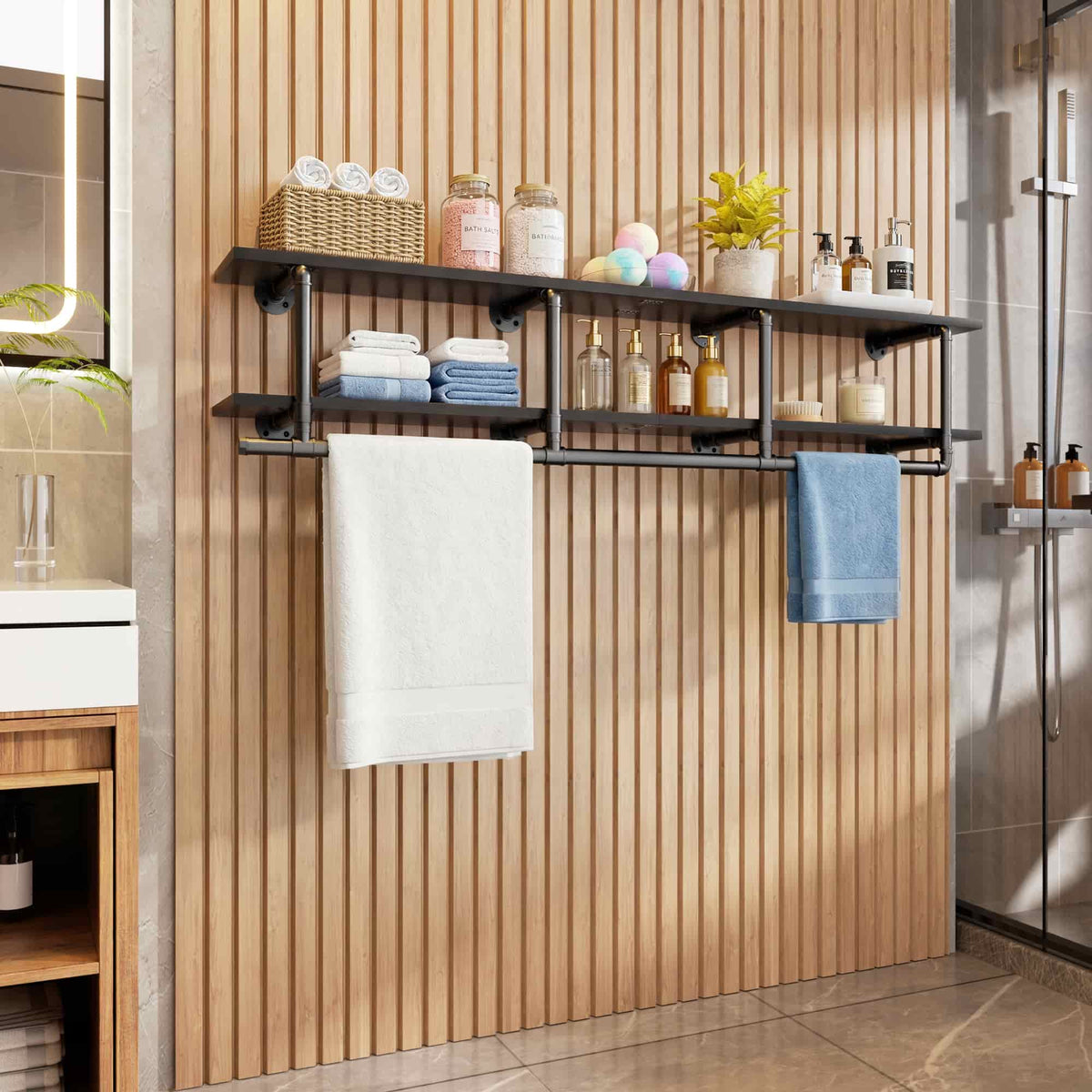 59'' Wall Mounted Industrial Pipe Clothes Rack with Top Shelf, 2 Tiers Space Saving Clothing Rack with Hanging Rod