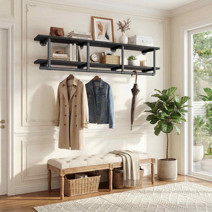 59'' Wall Mounted Industrial Pipe Clothes Rack with Top Shelf, 2 Tiers Space Saving Clothing Rack with Hanging Rod