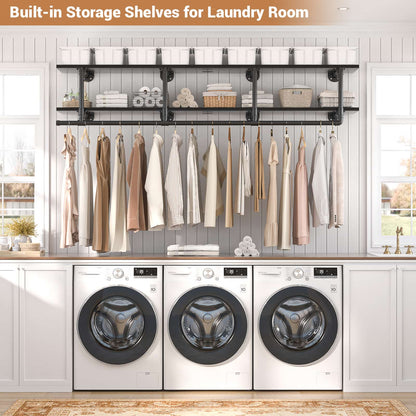 59'' Wall Mounted Industrial Pipe Clothes Rack with Top Shelf, 2 Tiers Space Saving Clothing Rack with Hanging Rod