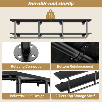59'' Wall Mounted Industrial Pipe Clothes Rack with Top Shelf, 2 Tiers Space Saving Clothing Rack with Hanging Rod
